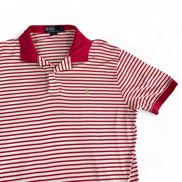 Vintage Ralph Lauren Polo Shirt Adult MEDIUM Pink White Stripe Small Pony 90s - Picture 2 of 9